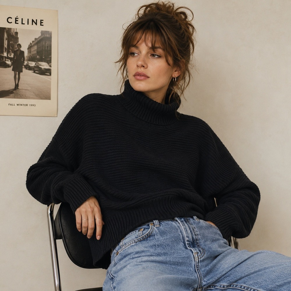Women Illusory M Black Ribbed Knit Turtleneck Oversized Sweater Mock Neck